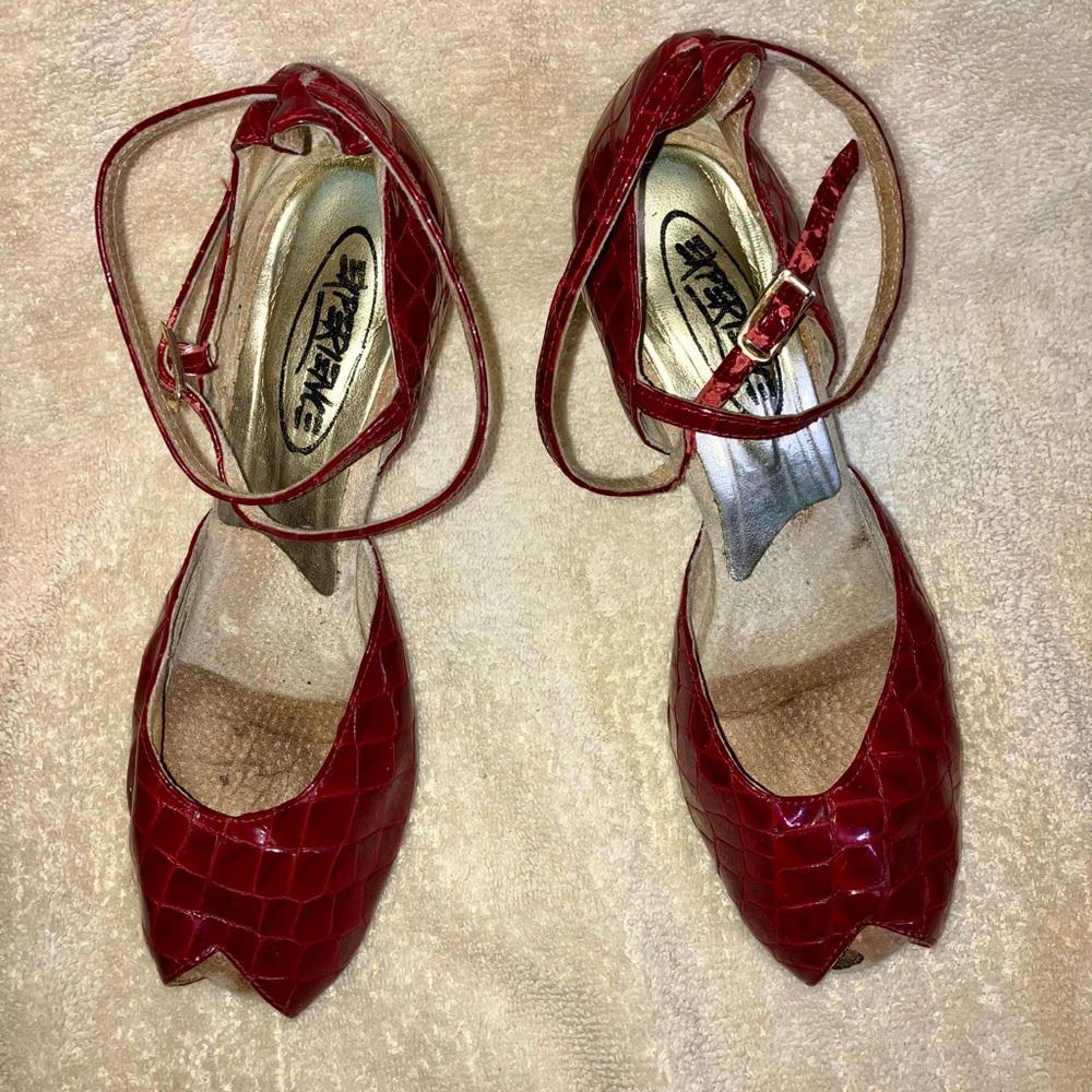 Experience - Red Leather Peep-Toe Dance Shoes - Size 7.5 – 3” Heel Suede Sole